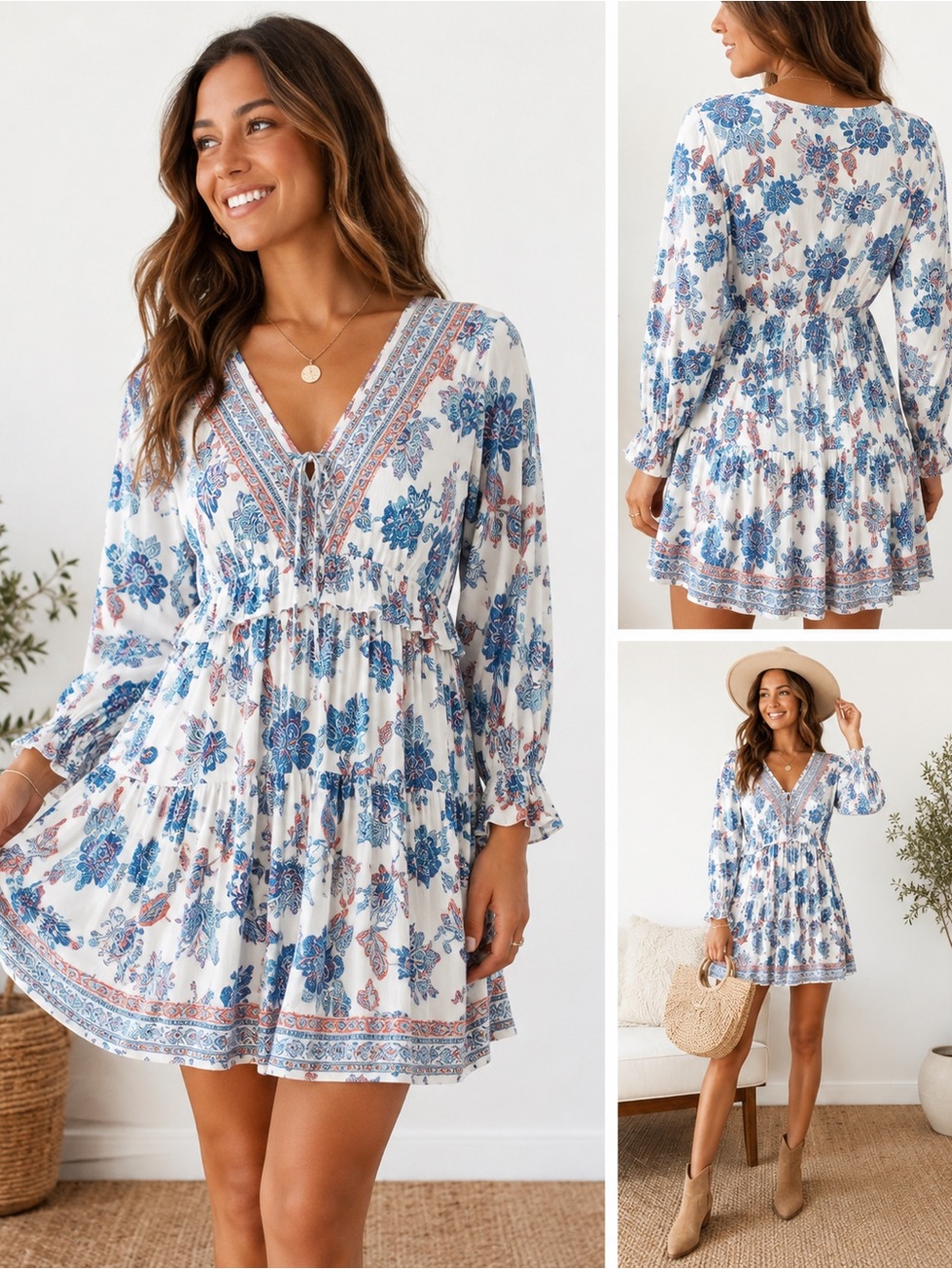 Angie  White Boho Tunic with Blue and Orange Floral Print